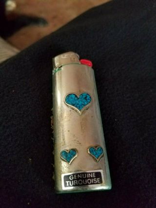 Vtg Turquoise Cover Case Sterling Silver Hearts Old Bic Cigarette Lighter Holder