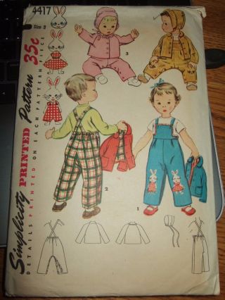 S 4417 Sewing Pattern Child Overalls Jacket Hat Sew Bunny Transfer Vintage 1953