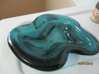 Vintage Aquablue Glass Ashtray Handblown Very Heavy About 8  In Size