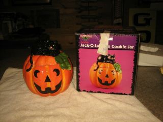 Halloween Ceramic Jack - O - Lantern Cookie Jar With Black Cat On The Lid