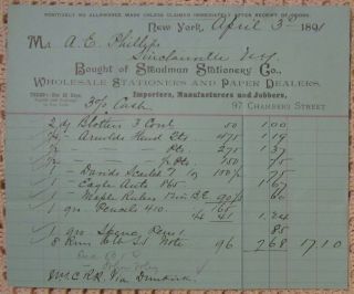 Steadman Stationery Co.  - Invoice,  Stationery And Paper,  York Ny 1891