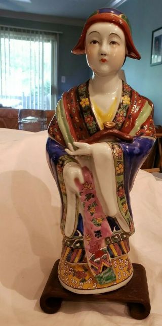 Vintage Porcelain Asian Figurine On Wooden Scroll Base,  13 3/4 " Tall,