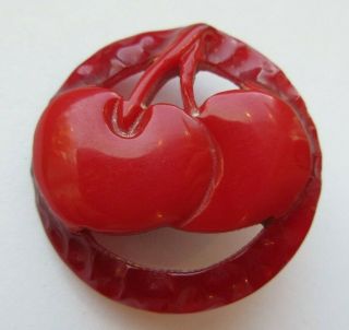 Fantastic Large Antique Vtg Carved Bakelite Button Realistic Cherries Fruit (u)