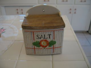 Neat Vintage Ceramic Salt Box With Wood Lid And A Orange Flower