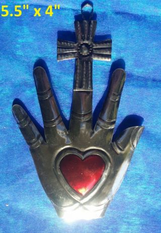 La Mano Y Cruz Mexican Tin Ornament Red Heart & Cross In Hand Milagro 2/$20