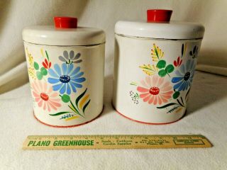 Vintage Canisters - 2 Tin Hand Painted Canisters - Red Plastic Handles - Bakelite??