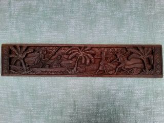 Antique Hand Carved Wood Panel Pacific Island Storyboard Scene Vintage Unique