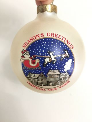 Vintage Christmas Glass Ball Ornament Oswego York Ny Santa Seasons Greetings