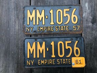 Vintage Ny License Plates,  Empire State,  Matching Set 1957,  1961 Renewal W/ Tag