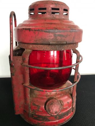 Vtg Luck - E - Lite No.  25 Railroad Lantern Rare " E " Embury Red Glass Globe