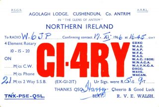 Gi4ry R.  V.  E.  Walsh Northern Ireland 1966 Vintage Ham Radio Qsl Card
