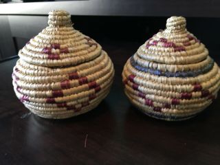 Native Eskimo Hand Woven Basket W/lid Set Of 2