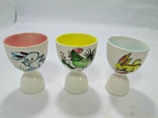 3 Vintage Ceramic Hand Painted Egg Cups Bunny Rabbits And Rooster Made In Japan