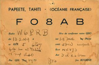 Fo8ab Jos.  Bourne Papeete,  Tahiti 1949 Vintage Ham Radio Qsl Card