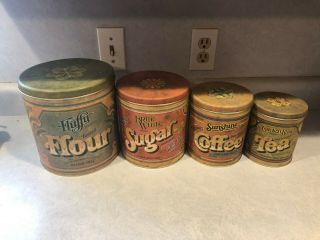 Vintage Ballonoff Tin Canister Set 4 1970s Flour Sugar Coffee Tea Country Store
