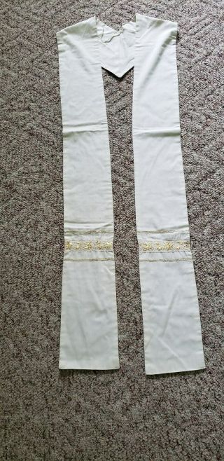 CLERGY STOLE LITURGICAL VESTMENT HAND CRAFTED CREAMY WHITE W/GOLD TRIM 3