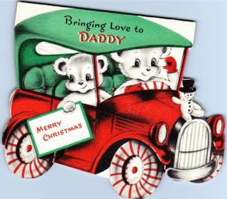 Teddy Bear Car Jalopy Candy Cane Wheels Snowman Vtg Christmas Greeting Card