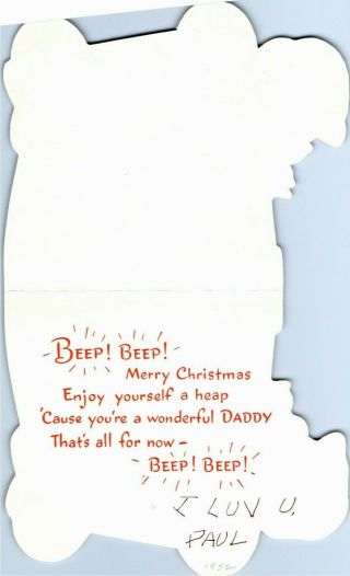Teddy Bear Car Jalopy Candy Cane Wheels Snowman VTG Christmas Greeting Card 2