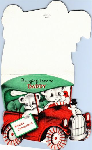 Teddy Bear Car Jalopy Candy Cane Wheels Snowman VTG Christmas Greeting Card 3