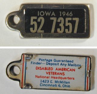 1946 Iowa Dav Keychain License Tag – Disabled American Veterans