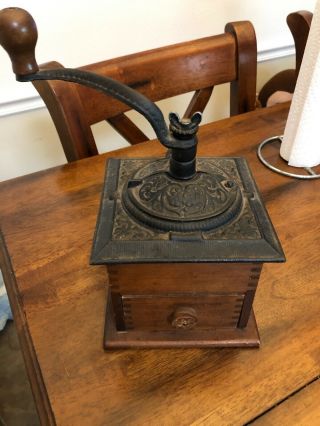 Vintage Woodcroftery Wood & Cast Iron Hand Crank Coffee Grinder Mill