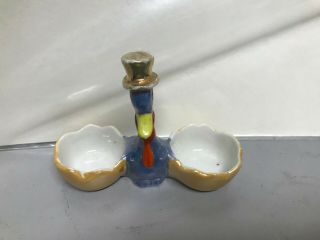 Double Salt Dip Cellar Bird In Top Hat Porcelain Gold Lustre Japan 1930s Handle