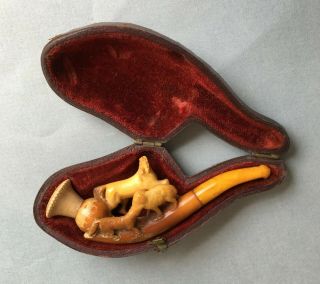 Antique Smokers Cheroot Holder Carved Horse Sheep Fox Amber Pipe Meerschaum Case