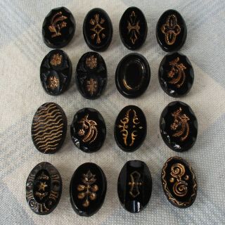 Asmt.  Of 16 Vintage Incise Molded Oval Shaped Black Glass Buttons W Gold Luster