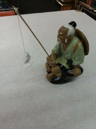 Vintage Oriental Chinese Mud Man Figurine Fishing Pole Line Fish