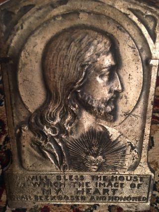 Antique Jesus Sacred Heart House Blessing Metal Door Plaque Old