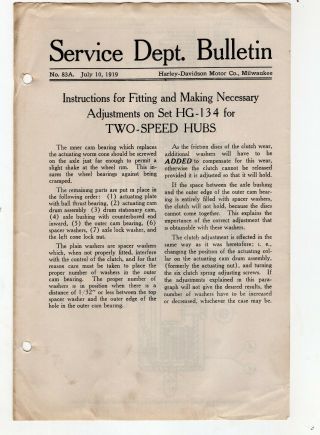 1919 Harley - Davidson Service Bulletin Adjustments On Two Speed Hubs