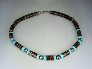 Vintage Santo Domingo Pueblo Navajo Heishi Necklace W/ Turquoise & Silver Beads