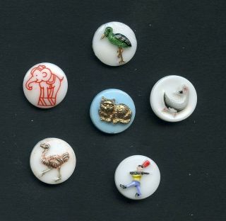 6 Vintage Glass Kiddie Buttons W/cat - - Stork - - Ostrich - - Duck - - Elephant - - Soldier