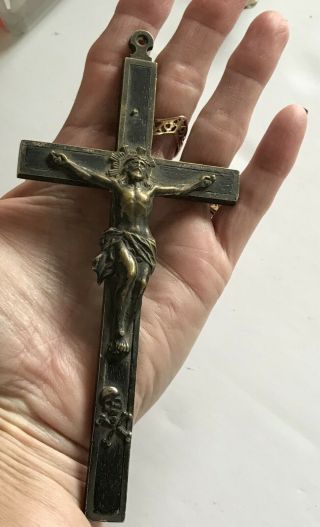 Vintage Crucifix Ebony Brass Wood Skull Crossbones Nun Priest Faith Cross 6 "