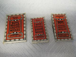 3 Vintage Packets Of Boye Gold Eye Sewing Needles