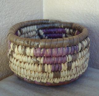 Vintage Native Tribal African Hand Woven Small Basket Bowl W/ Leather Bottom