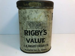 Rare Vintage RIGBY ' S Tobacco Can Cigar Humidor Tin 5¢ Straight MANSFIELD,  OHIO 2
