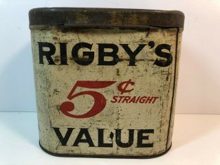 Rare Vintage RIGBY ' S Tobacco Can Cigar Humidor Tin 5¢ Straight MANSFIELD,  OHIO 3