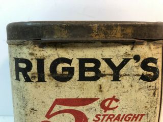 Rare Vintage RIGBY ' S Tobacco Can Cigar Humidor Tin 5¢ Straight MANSFIELD,  OHIO 4