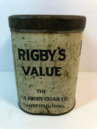 Rare Vintage RIGBY ' S Tobacco Can Cigar Humidor Tin 5¢ Straight MANSFIELD,  OHIO 5