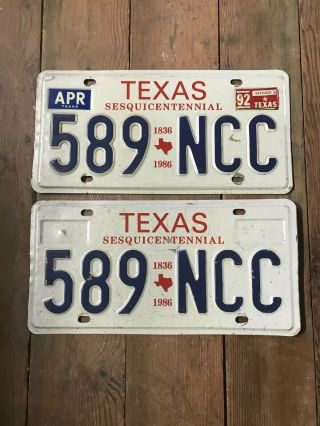 Set Of Vintage Matching Texas Sesquicentennial 1836 - 1986 License Plates