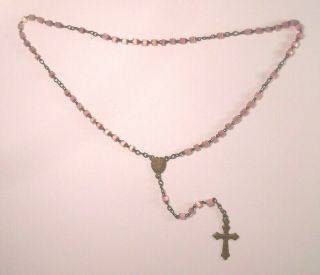 Antique Miniature Pink Glass Bead Rosary - France - Miraculous Mary Heart Medal