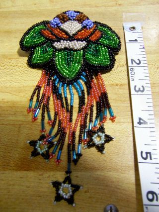 Vintage Native American Beaded Hair Barrette Ornament,  Blossom & Fringe,  6 " Long
