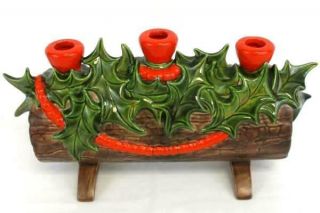 Vintage Atlantic Mold Christmas Yule Log Ceramic Candle Holder Kitch Holly Berry