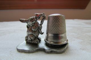 1979 Metzke Pewter Rabbit Smelling A Flower Magnetic Thimble Holder Has Thimble