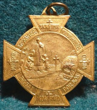 St Francis Xavier Baptizing / Our Lady Of The Missions Old Medal Cross 22mm