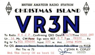 Vr3n John R.  Copley Christmas Island 1958 Vintage Ham Radio Qsl Card