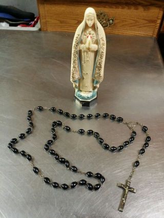 Vtg Consolidated Molded Products Virgin Mary Statue W/inri Rosary Necklace Italy