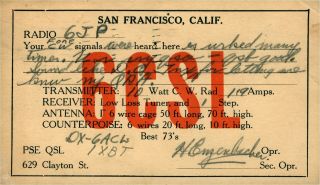 6csl H.  Enzenbacher San Francisco,  California 1924 Vintage Ham Radio Qsl Card