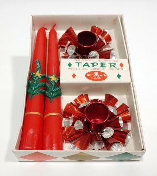 Vintage 1950s Capri Christmas Tree Candles Foil Holders Retro Red Green Decor
